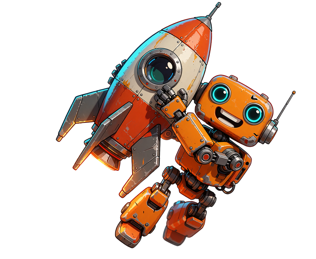 Pomarańczowy robot lecący na retro-rakiecie z płomieniem - symbol crash gry w kasynie online
