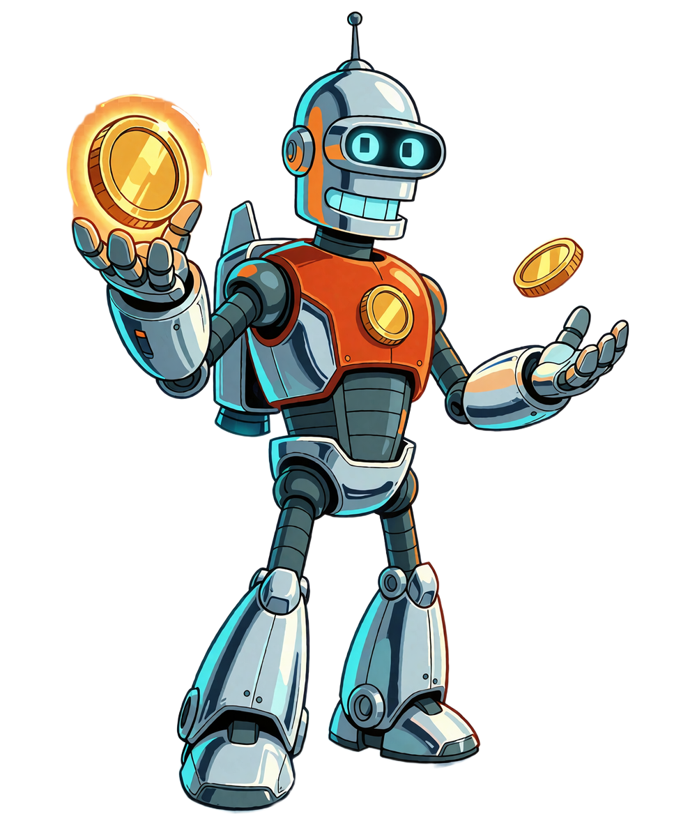 Robot-kurier Casoola Casino trzymający złote monety symbolizujące wpłatę w kryptowalucie