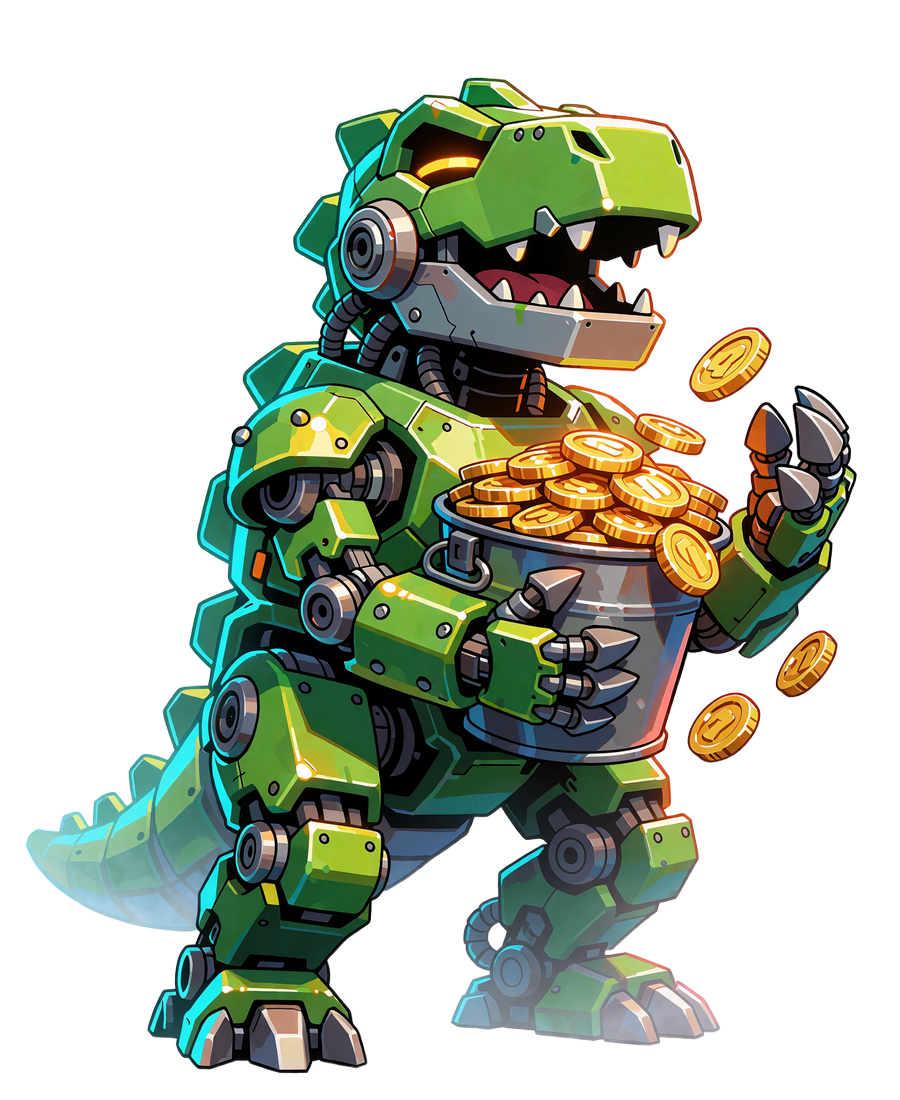 Caszilla, zielony robot-dinozaur Casoola Casino, trzyma wiadro pełne złotych monet z bonusu powitalnego