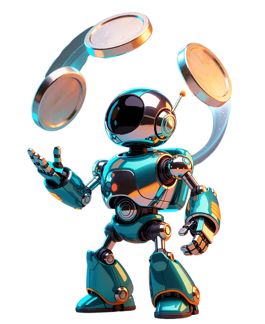 Robot Casoola Casino żonglujący metalowymi żetonami symbolizującymi bonus Crypto Welcome 200% do 3000 USDT