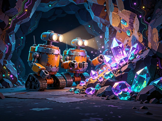 Slot z robotami g&oacute;rnikami wydobywającymi świecące kryształy w jaskini