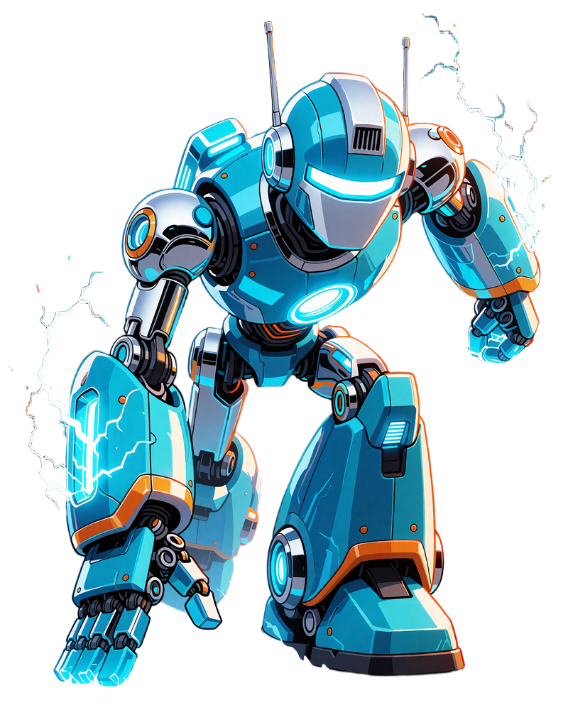 Surge, cyan-chromowy robot Casoola Casino z elektrycznymi iskrami, maskotka tempa gier crash