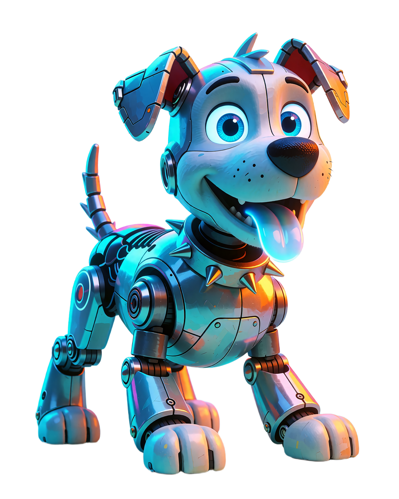Spike, srebrno-niebieski robot-pies Casoola Casino z kolcami na obroży, maskotka od promocji